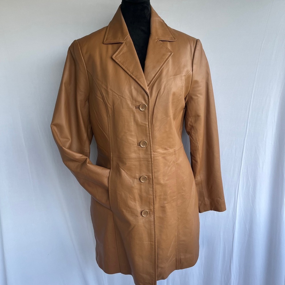 Vtg 80s 90s Phase Two Long Leather Jacket M Tan Trench Coat‎ Zip In Lining Retro